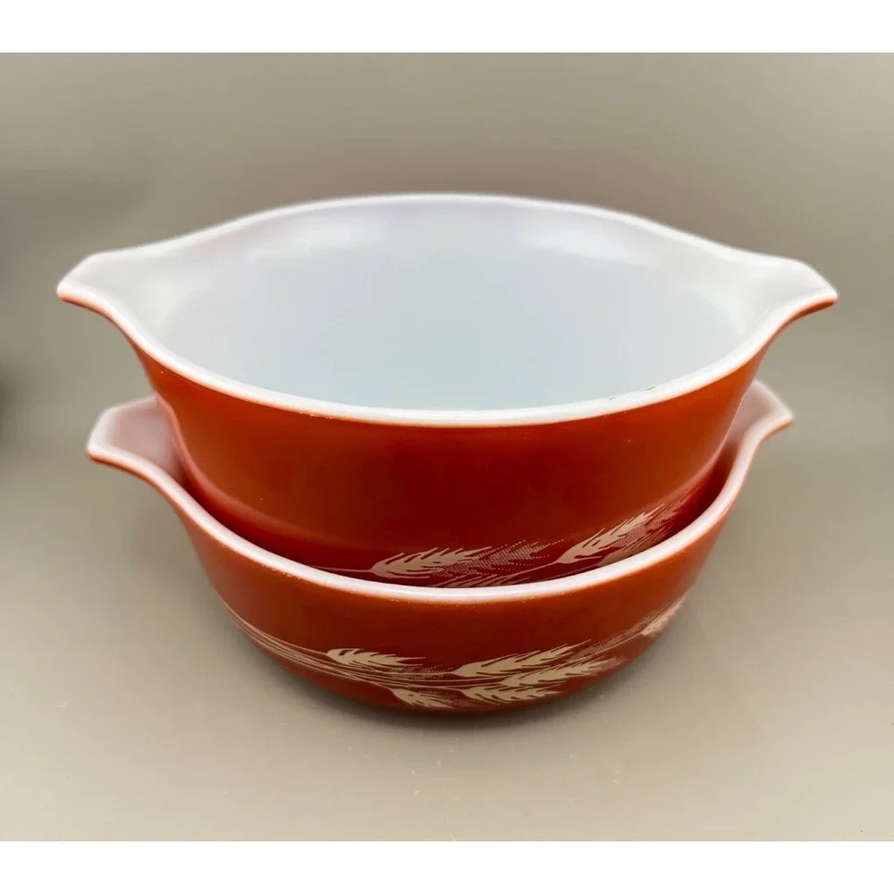 Vtg PYREX 2pc Autumn Harvest Wheat Nesting Casserole Dish Bowls 473-B 471-B Rust